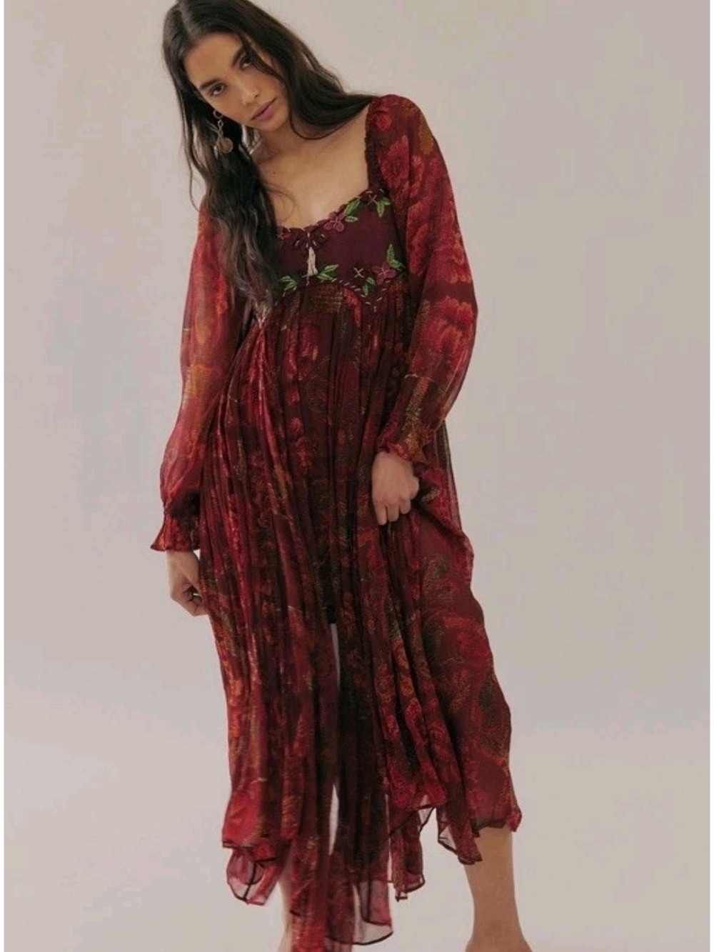 Free People Burgundy Timeless Tapestry Embellished Babydoll Maxi Dress